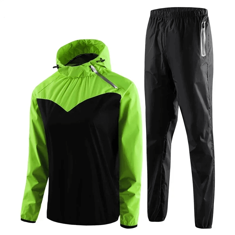 Stylish neon green and black hooded tracksuit for women with quick-dry technology, perfect for fitness and outdoor activities.