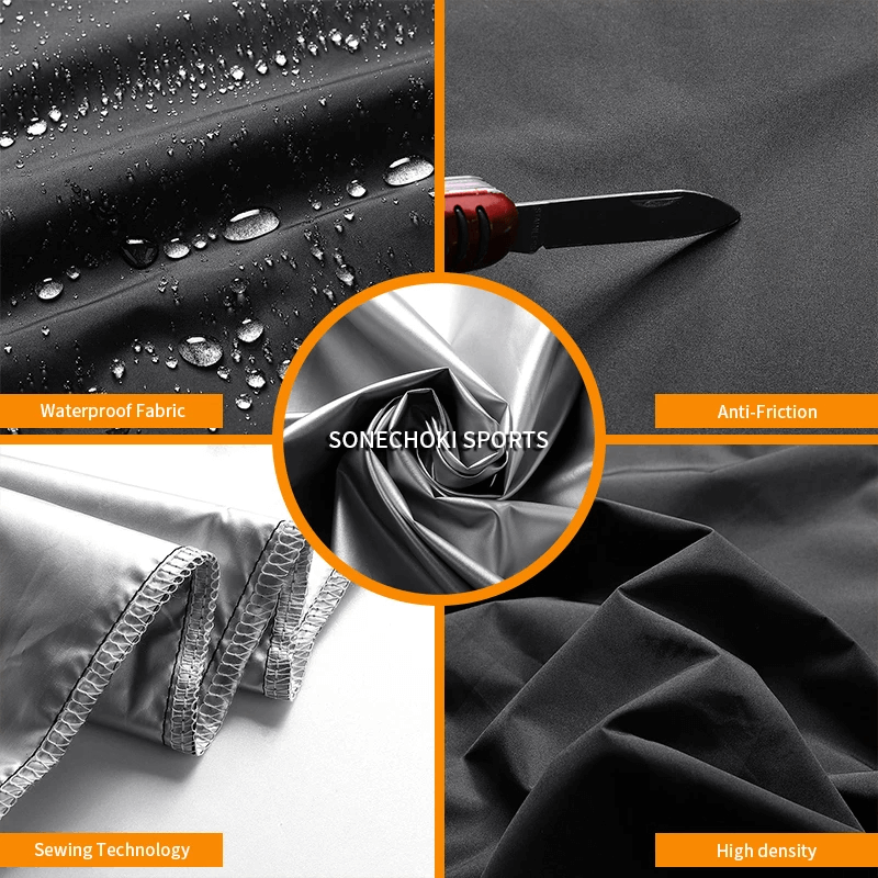 Close-up of black fabric showcasing waterproof, anti-friction, high density, and advanced sewing technology for sportswear.