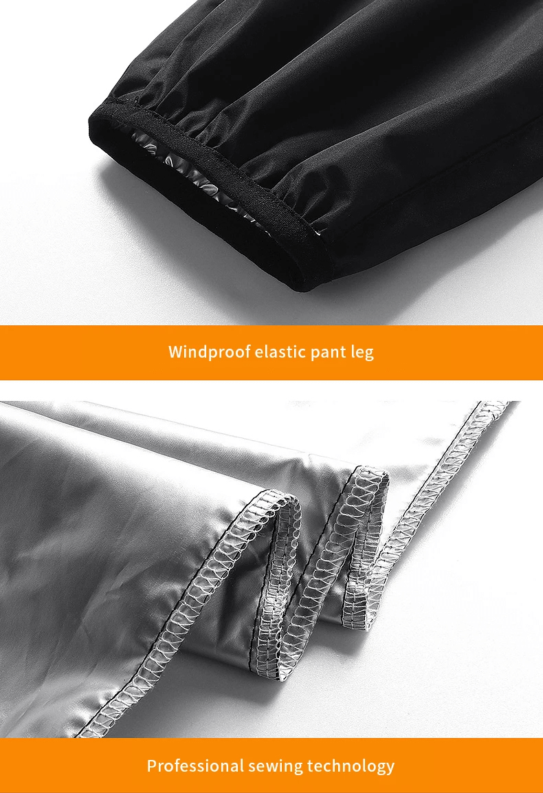 Close-up of women's tracksuit showing windproof elastic pant leg and professional sewing technology.