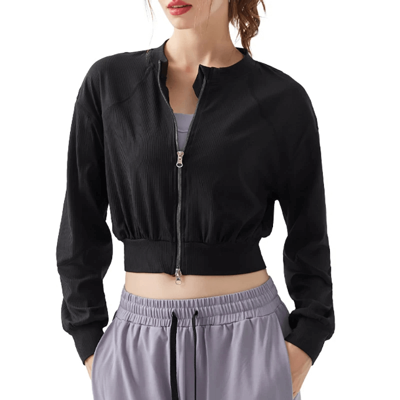Women's black quick-dry fitness jacket SF2111 with round collar and two-way zipper, perfect for yoga and gym workouts.