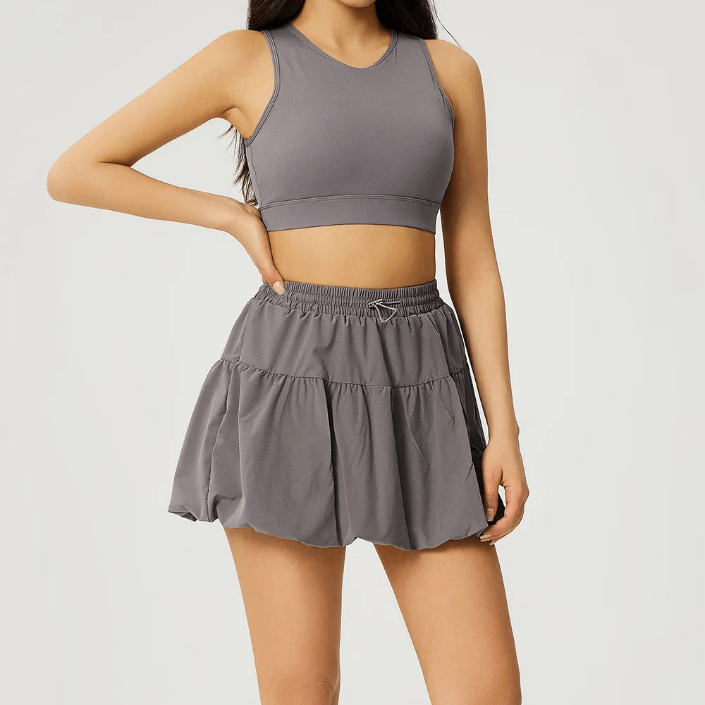 Women's 2 Piece Yoga Set with Crop Bra and Skort - SF4586, showcasing a stylish crop top and bubble skort in gray.