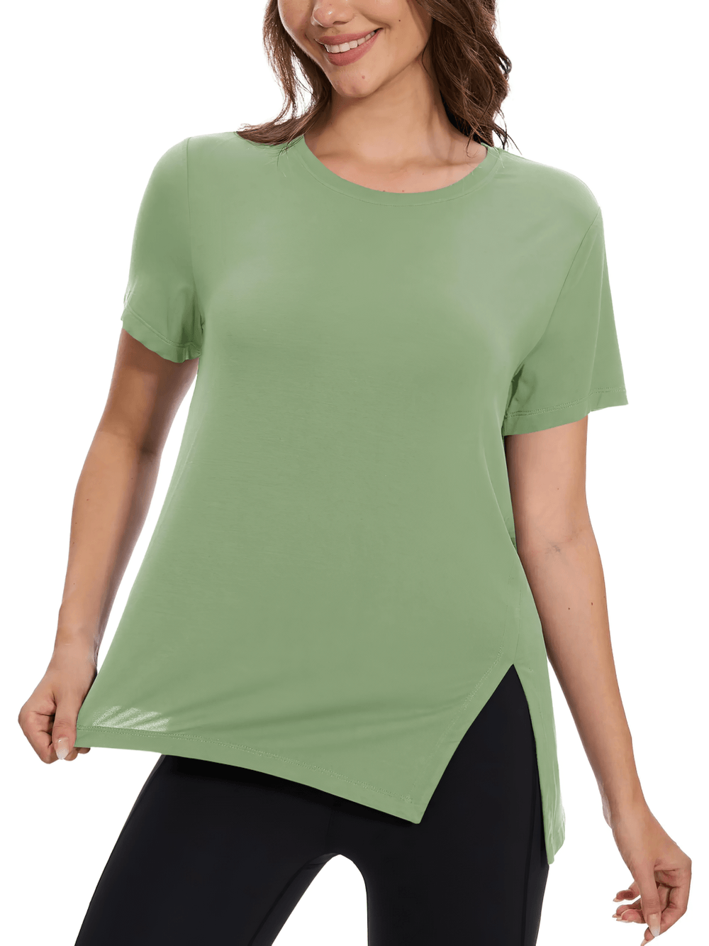 Alt Tag: Women's Asymmetrical Hem O-Neck Active T-Shirt - SF4464 in sage green, quick-dry breathable short sleeve top with side slit hem