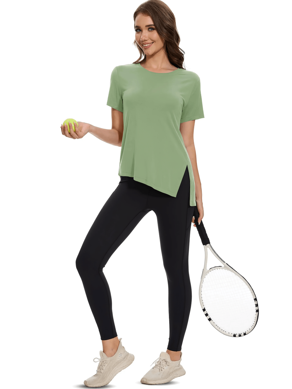 Alt Tag: Women's Asymmetrical Hem O-Neck Active T-Shirt - SF4464 green quick-dry breathable sporty tee with side slit, worn with black leggings