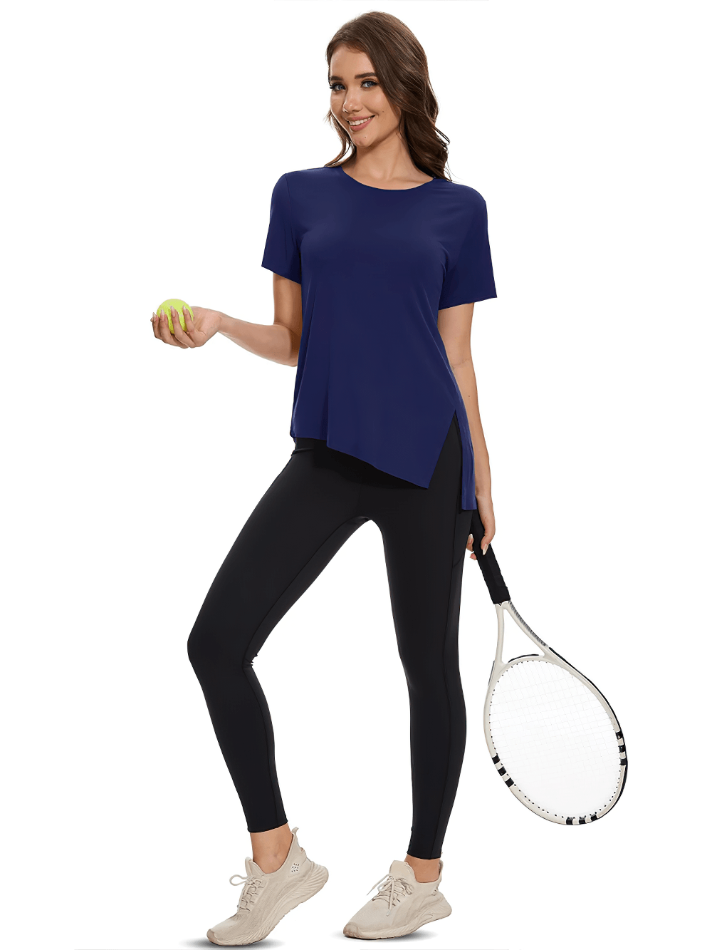 Alt Tag: Women's Asymmetrical Hem O-Neck Active T-Shirt - SF4464 navy quick-dry breathable short-sleeve with side slit, styled with leggings