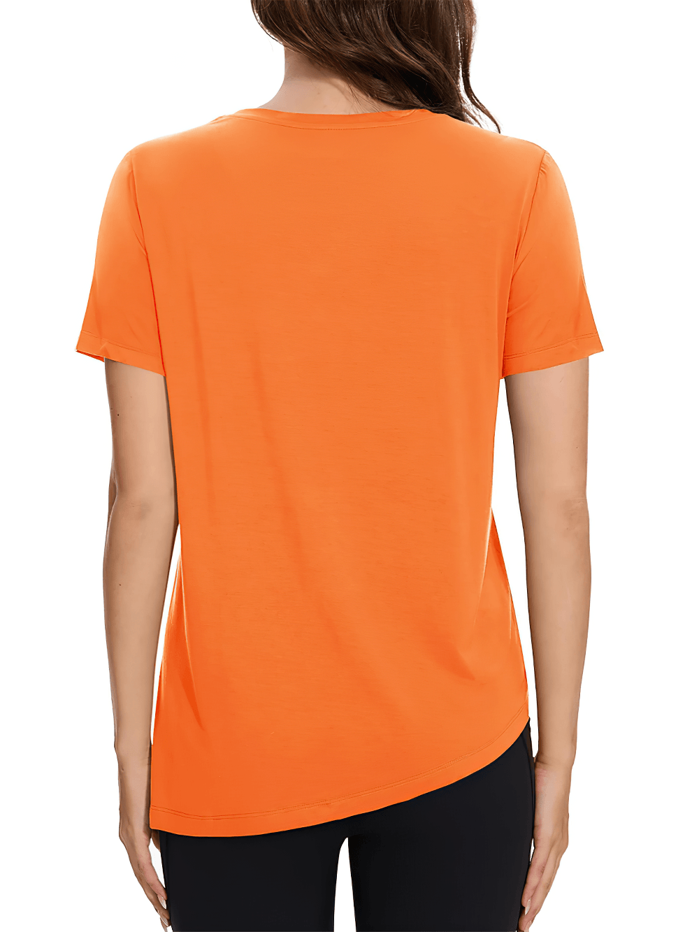Alt Tag: Women's Asymmetrical Hem O-Neck Active T-Shirt - SF4464 back view, orange quick-dry breathable short sleeve workout tee