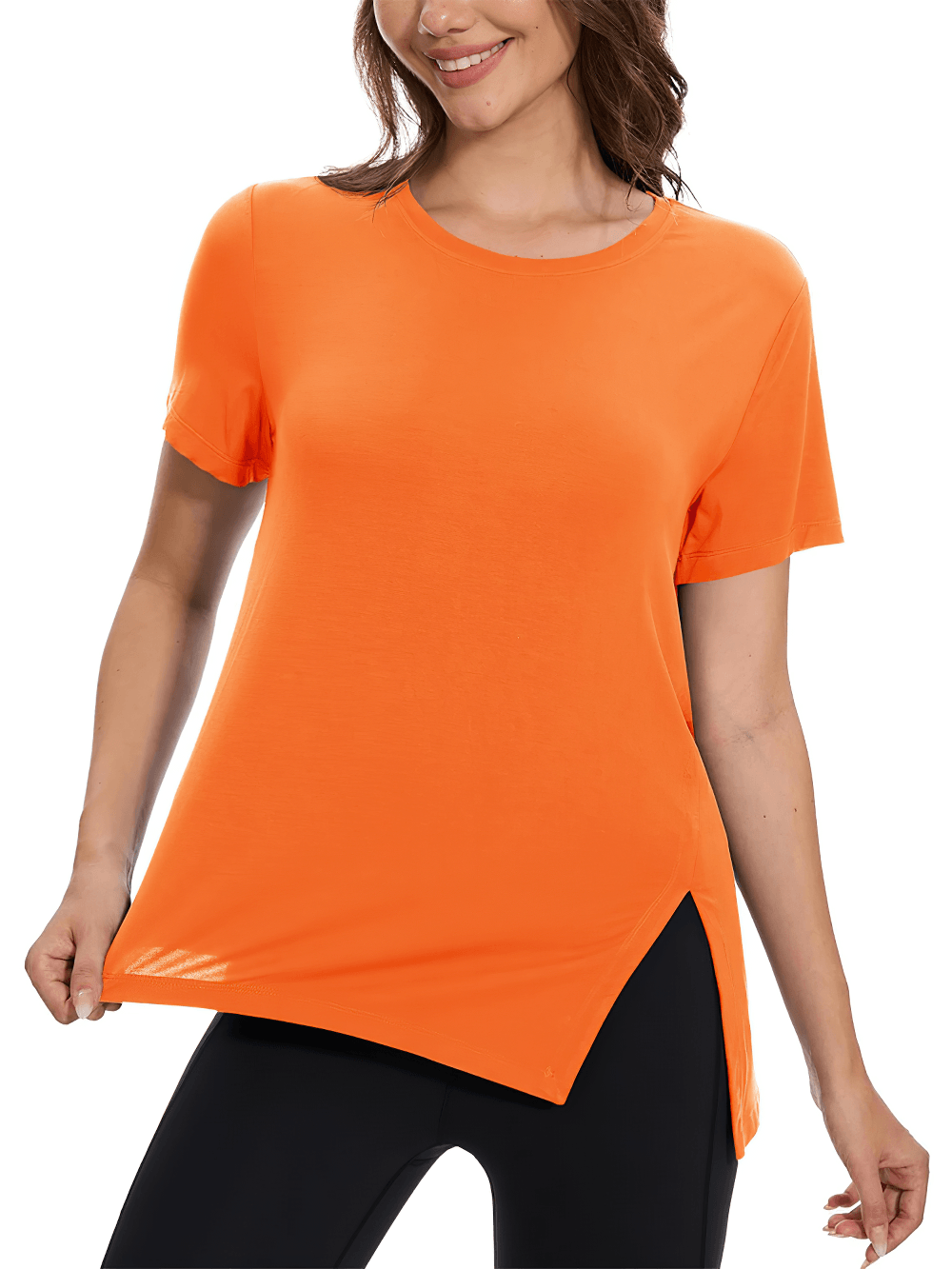 Alt Tag: Women's Asymmetrical Hem O-Neck Active T-Shirt - SF4464 in bright orange, quick-dry breathable short sleeve with side slit hem