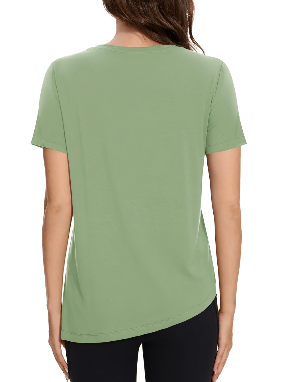 Alt Tag: Women's Asymmetrical Hem O-Neck Active T-Shirt - SF4464 back view, sage green quick-dry breathable short sleeve training tee