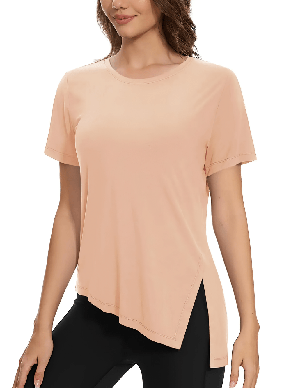 Alt Tag: Women's Asymmetrical Hem O-Neck Active T-Shirt - SF4464 quick-dry breathable short sleeve tee with side slit, peach