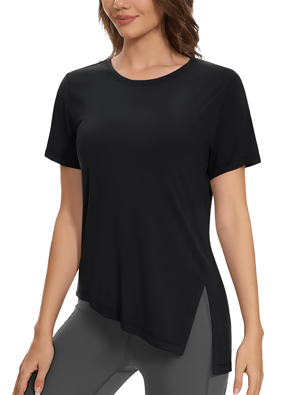 Alt Tag: Women's Asymmetrical Hem O-Neck Active T-Shirt - SF4464 black quick-dry breathable short sleeve workout top with side slit