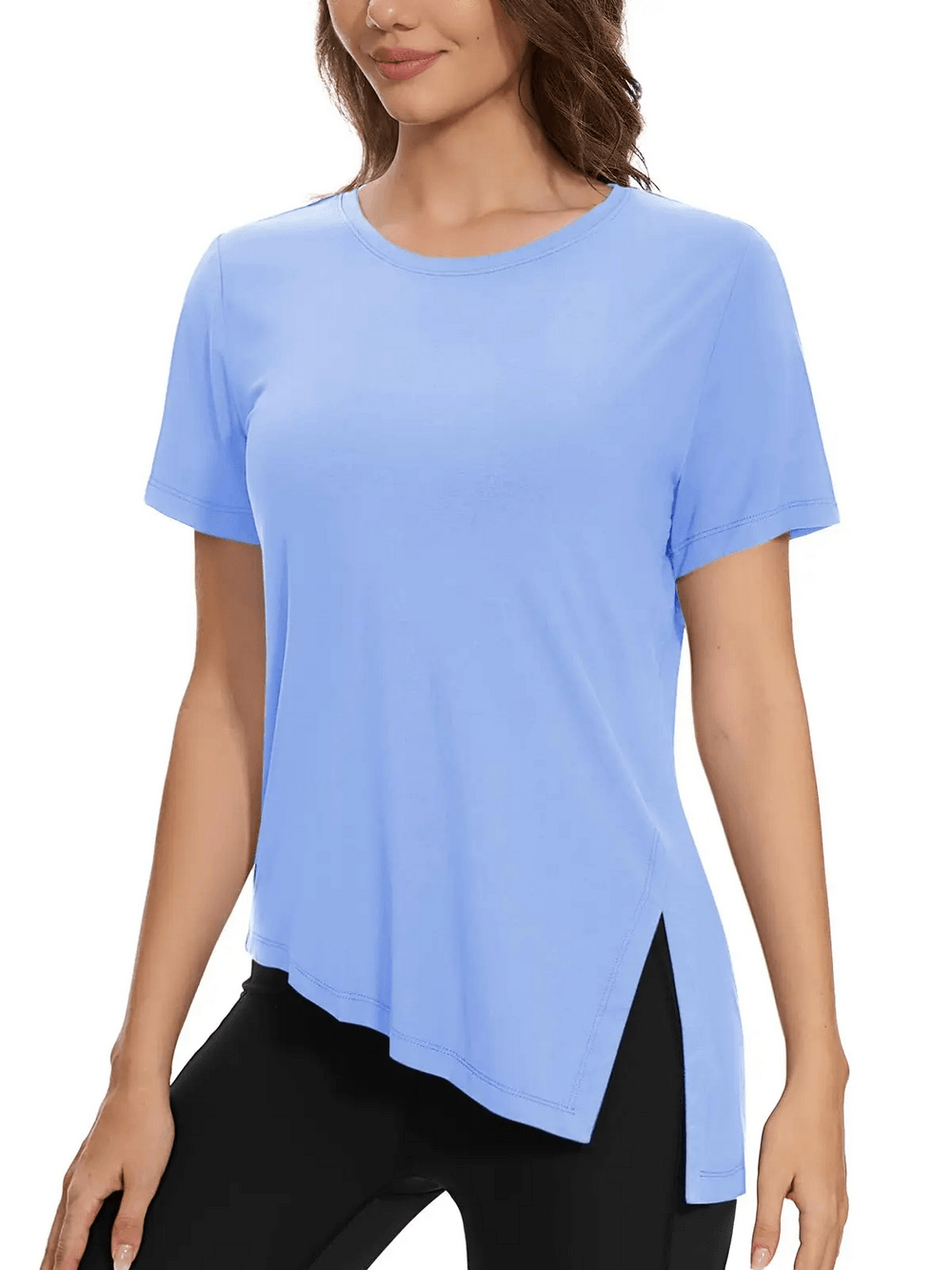 Alt Tag: Women's Asymmetrical Hem O-Neck Active T-Shirt - SF4464 in light blue, quick-dry breathable short sleeve with side slit hem