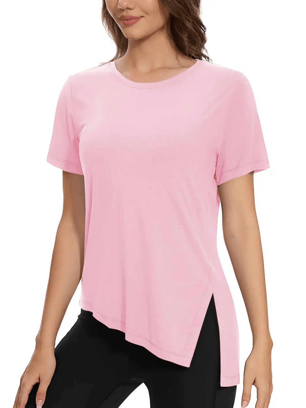 Alt Tag: Women's Asymmetrical Hem O-Neck Active T-Shirt - SF4464 in pink, quick-dry breathable short-sleeve with side slit hem