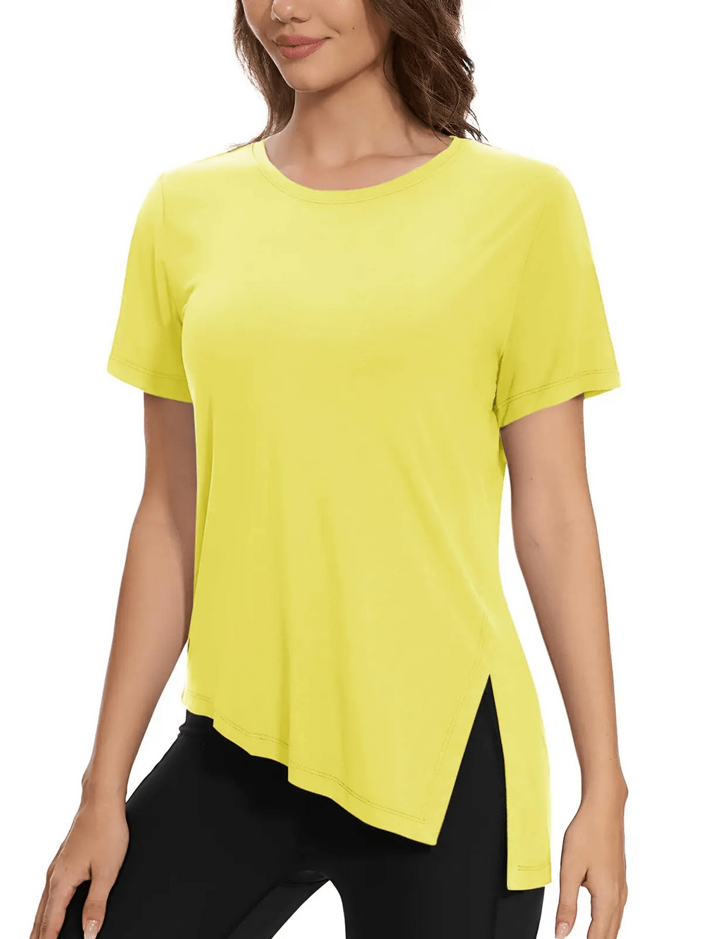 Alt Tag: Women's Asymmetrical Hem O-Neck Active T-Shirt - SF4464 in bright yellow, quick-dry breathable short-sleeve top with side slit hem
