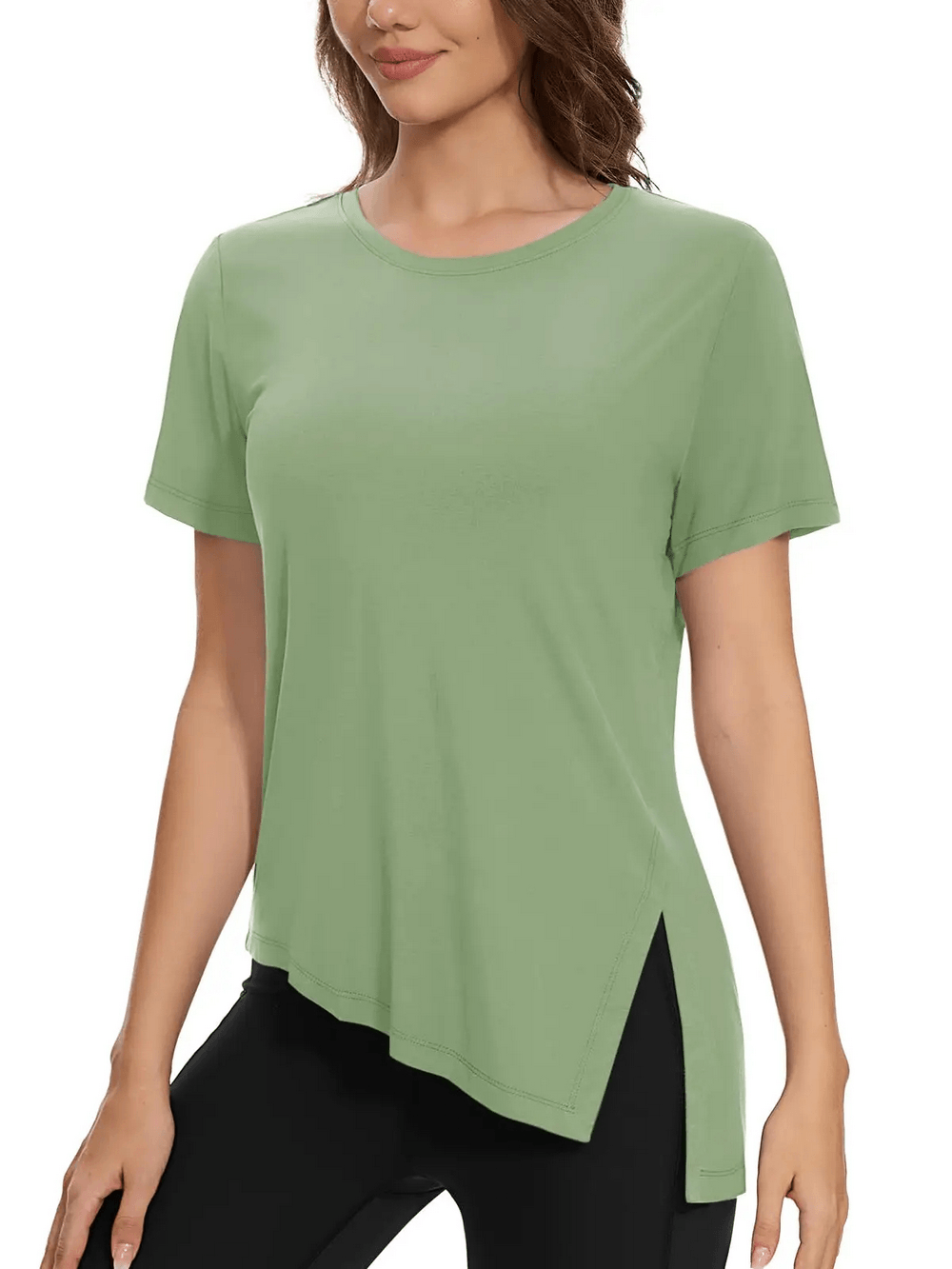 Alt Tag: Women's Asymmetrical Hem O-Neck Active T-Shirt - SF4464 in sage green, quick-dry breathable short sleeve with side slit hem
