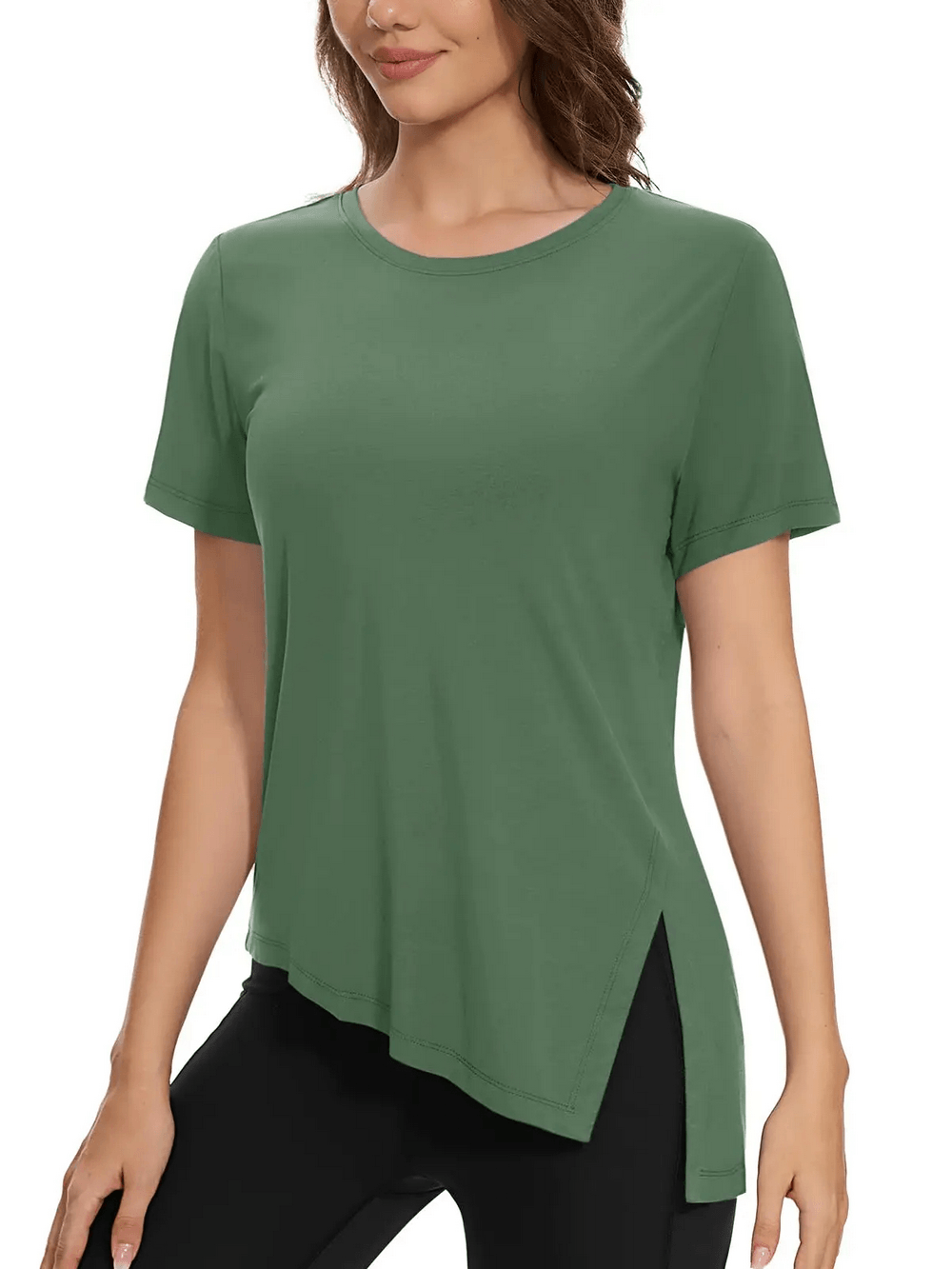 Alt Tag: Women's Asymmetrical Hem O-Neck Active T-Shirt - SF4464 green quick-dry breathable short sleeve with side slit hem