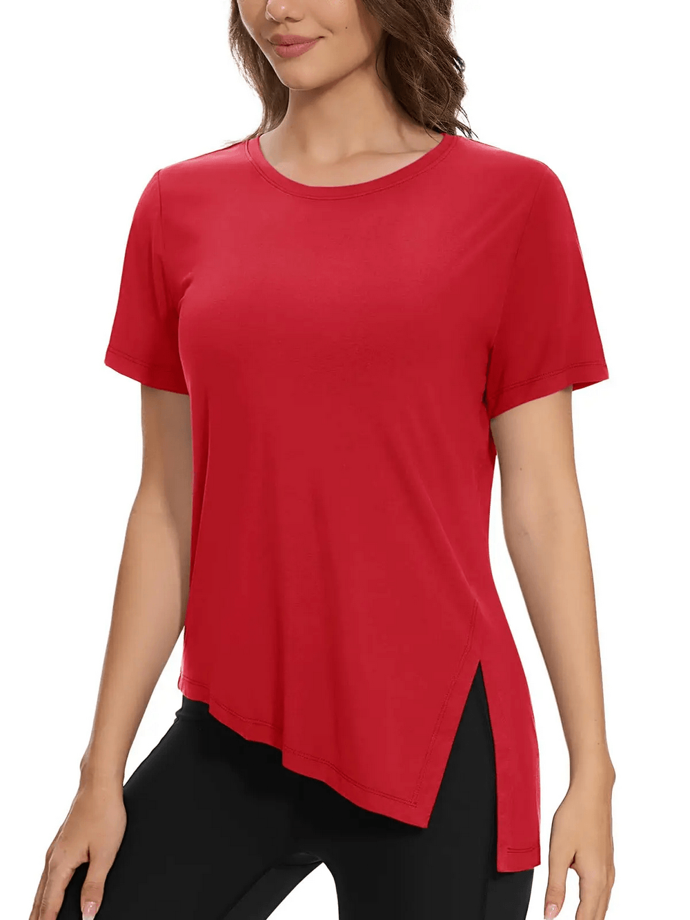Alt Tag: Women's Asymmetrical Hem O-Neck Active T-Shirt - SF4464 red quick-dry breathable short sleeve top with side slit for gym yoga