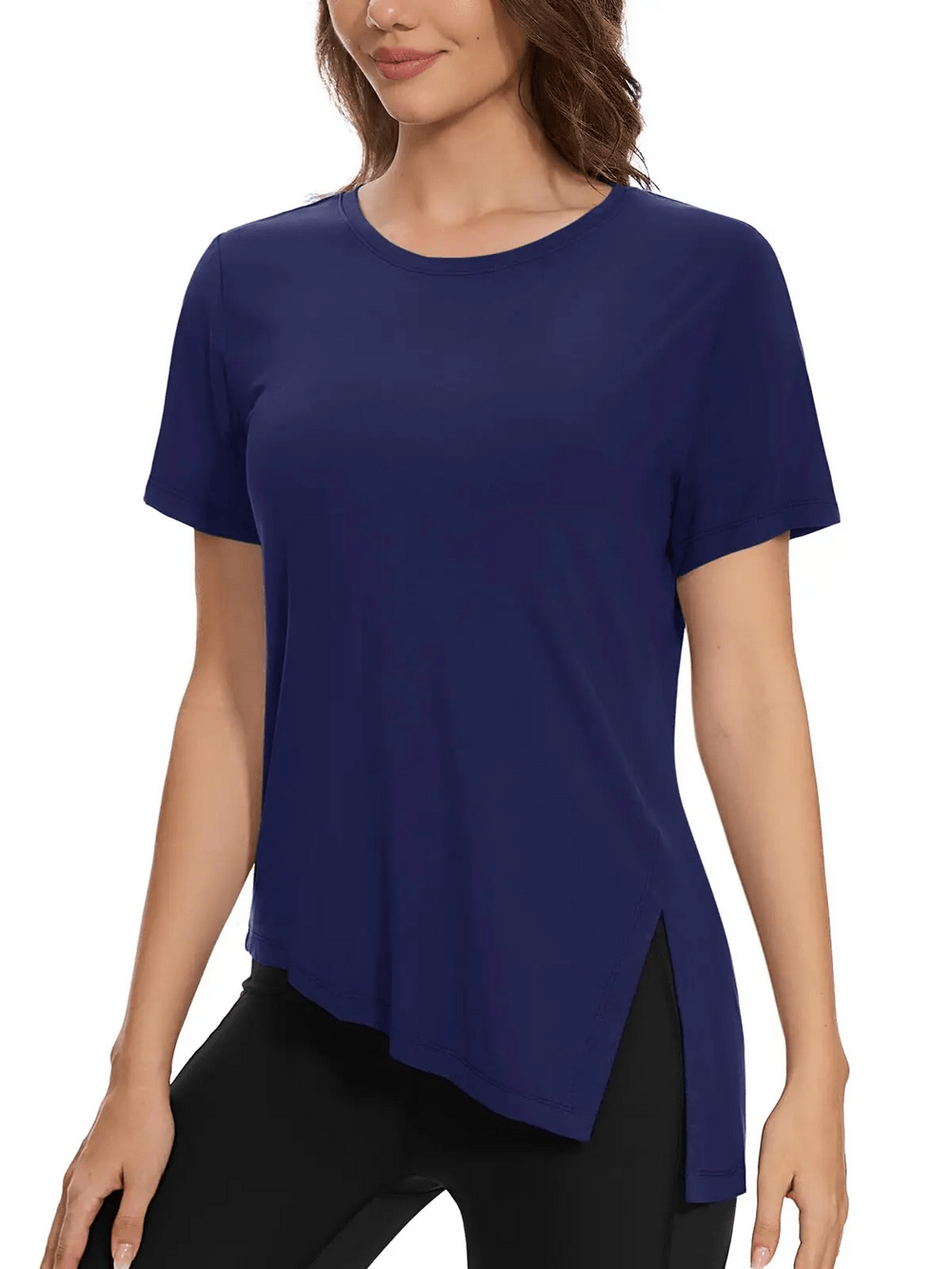 Alt Tag: Women's Asymmetrical Hem O-Neck Active T-Shirt - SF4464 navy quick-dry breathable short sleeve tee with side slit hem