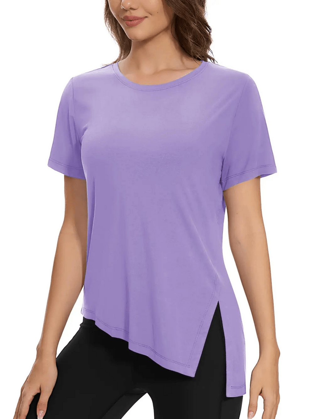 Alt Tag: Women's Asymmetrical Hem O-Neck Active T-Shirt - SF4464 lavender quick-dry breathable short sleeve top with side slit