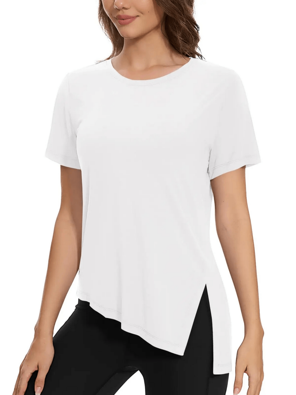 Alt Tag: Women's Asymmetrical Hem O-Neck Active T-Shirt - SF4464 white quick-dry breathable short sleeve top with side slit, yoga gym