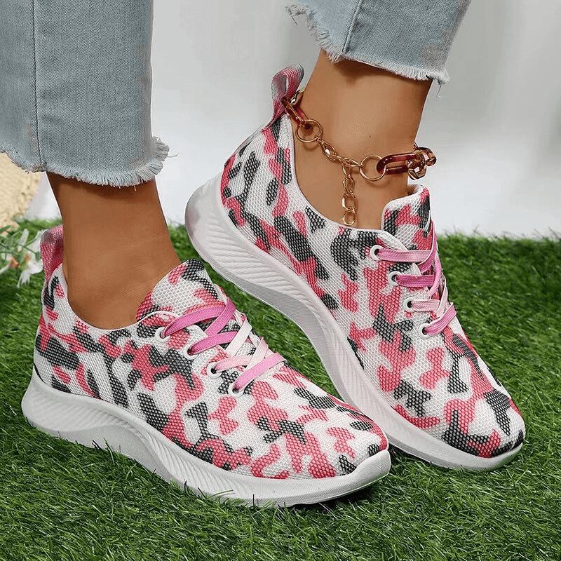 Women's breathable camouflage mesh non-slip sports shoes with lace-up, featuring round toe and rubber outsole for comfort - Model SF1406