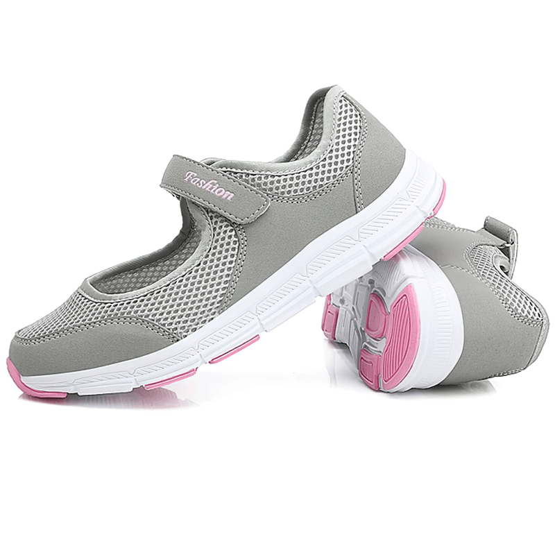 Women's breathable vulcanized mesh sneakers SF1367 with hook and loop closure, gray and pink design, lightweight flat shoes for comfort.