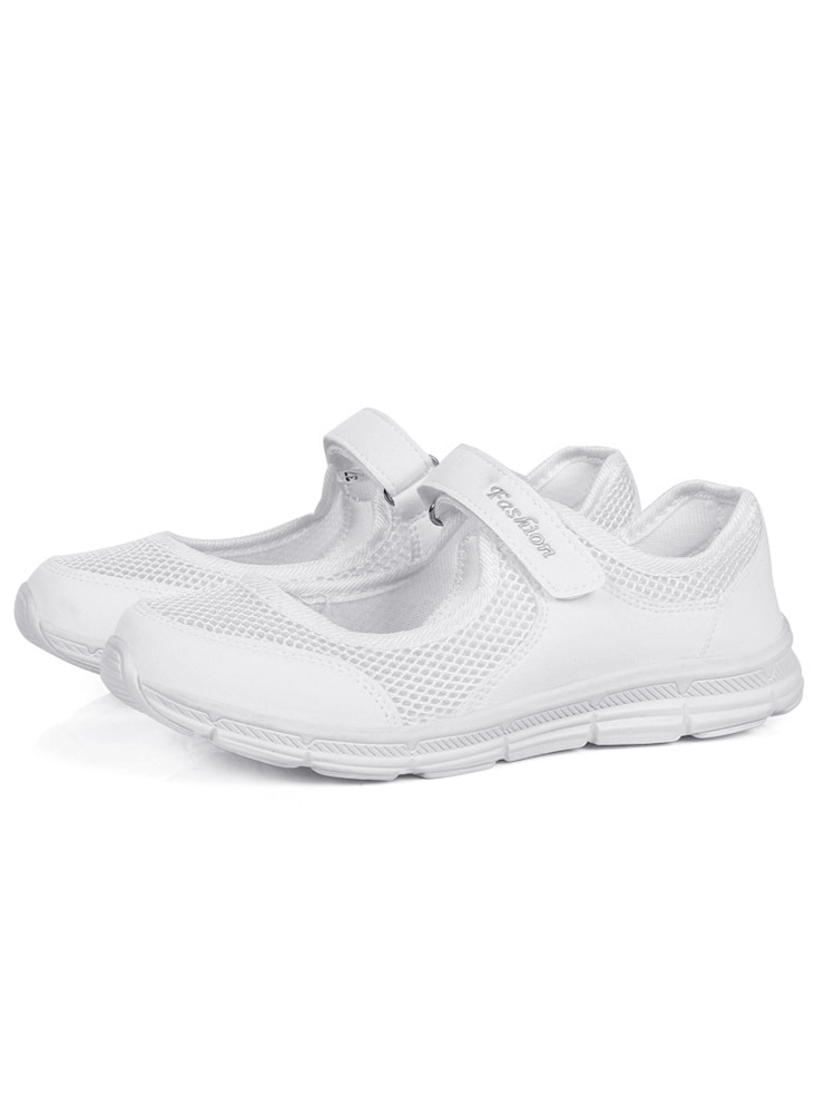Women's breathable vulcanized mesh sneakers with hook and loop closure, white, lightweight fashion shoes for comfort and style.