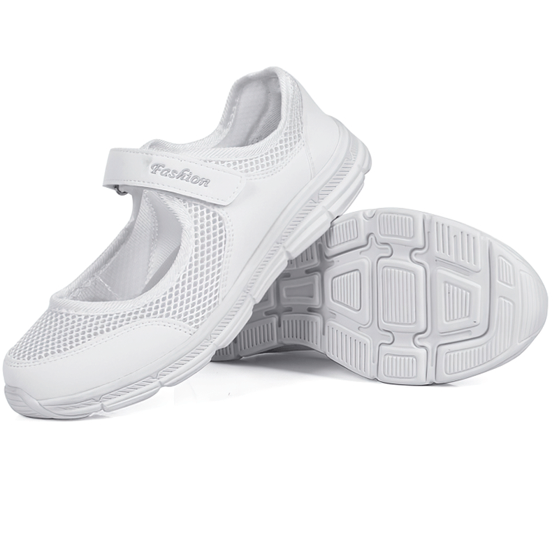 Women's breathable vulcanized mesh flat shoes with hook and loop closure, SF1367 style. Lightweight, stylish, and comfortable sneakers.
