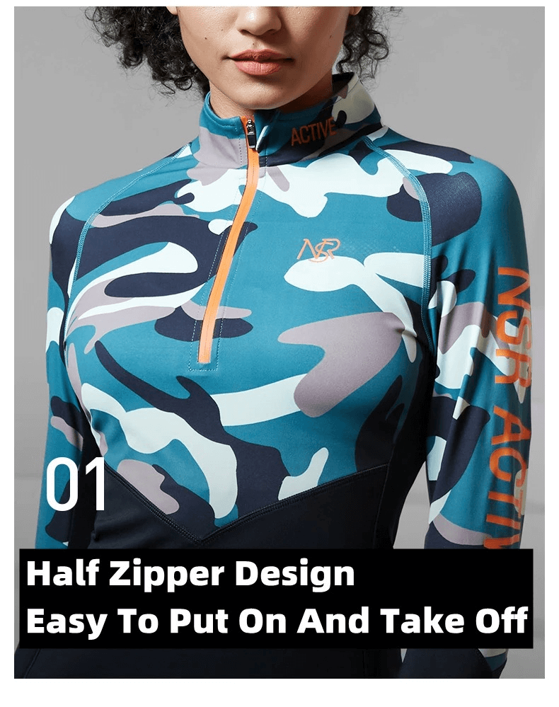 Women's camo print sport shirt with half zipper design, easy to put on, featuring vibrant colors and NSR Active branding.
