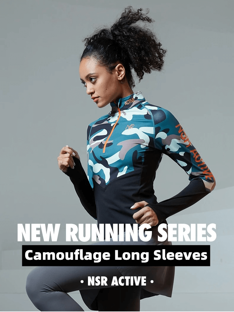 Woman wearing a women's camo print long sleeve sport shirt, perfect for running and all-season wear, by NSR Active.