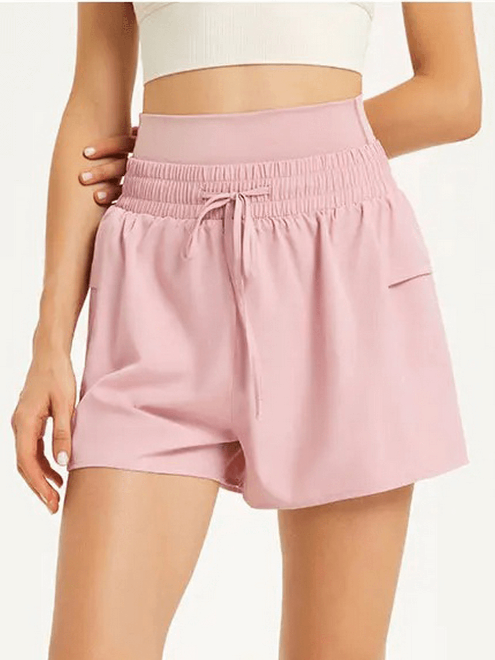 Pink women's casual drawstring athletic shorts, perfect for summer, made from quick-drying polyester and spandex. Sizes S-XL available.