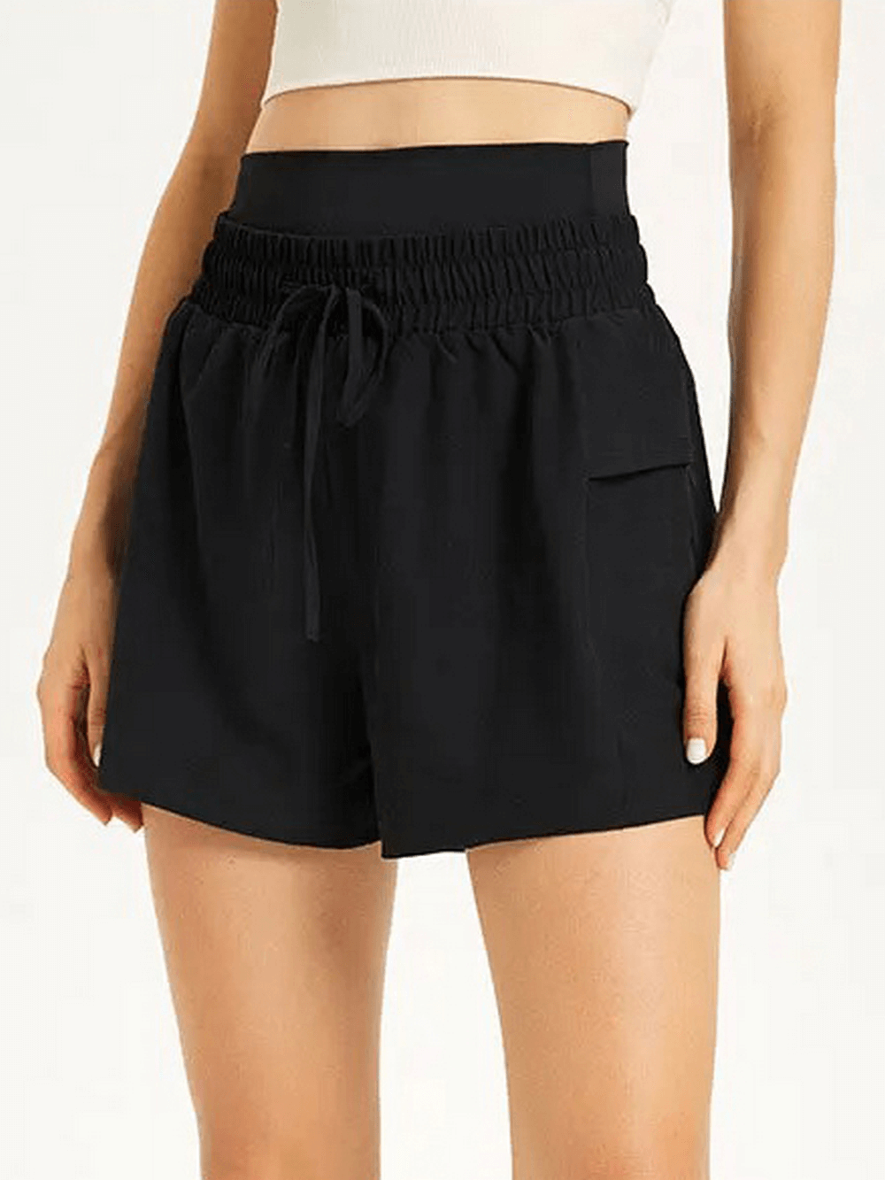 Women's black casual drawstring athletic shorts, perfect for summer sports, quick-drying and breathable in sizes S to XL.