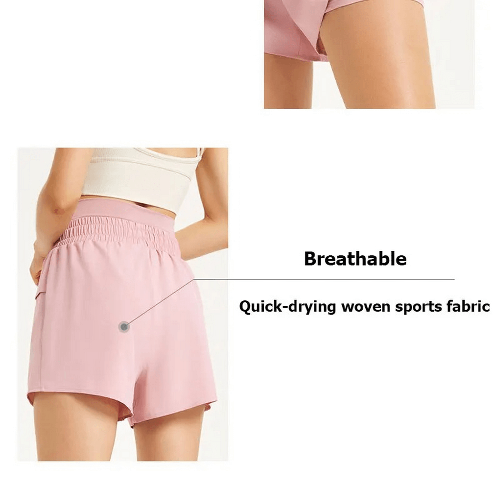 Women's pink drawstring athletic shorts, featuring breathable, quick-drying woven sports fabric for summer activities.