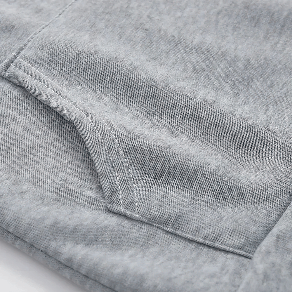 Women's Cat Print Hooded Neckline Sport Hoodie - SF4509 close-up of soft grey polyester fabric stitching and kangaroo pocket seam