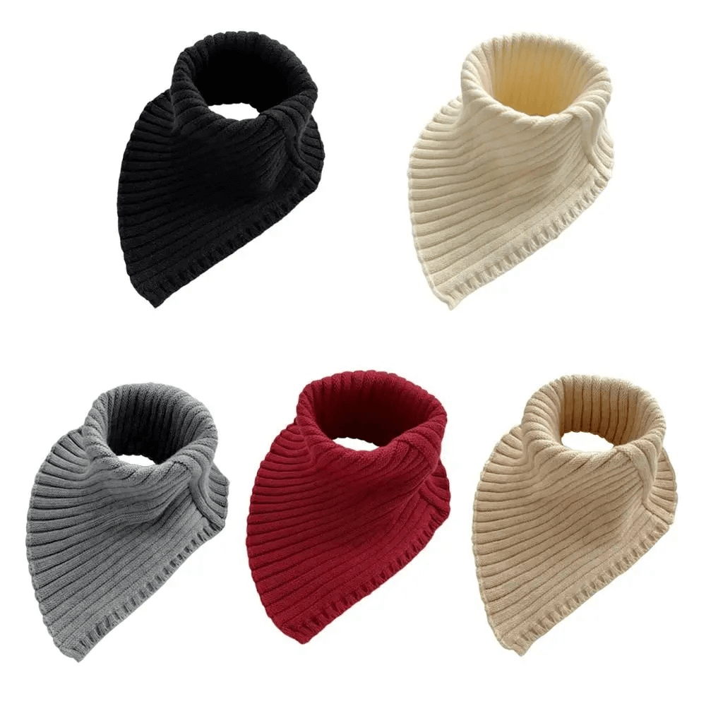 Variety of cotton knit snood scarves in black, cream, grey, red, and beige. Chunky design perfect for winter outdoor activities.