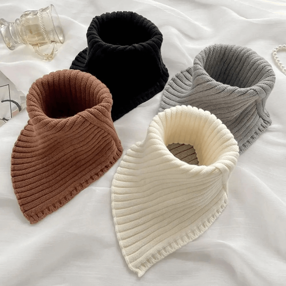 Women's cotton knit snood scarves in black, grey, brown, and white. Chunky ring design for warmth and outdoor style during winter.