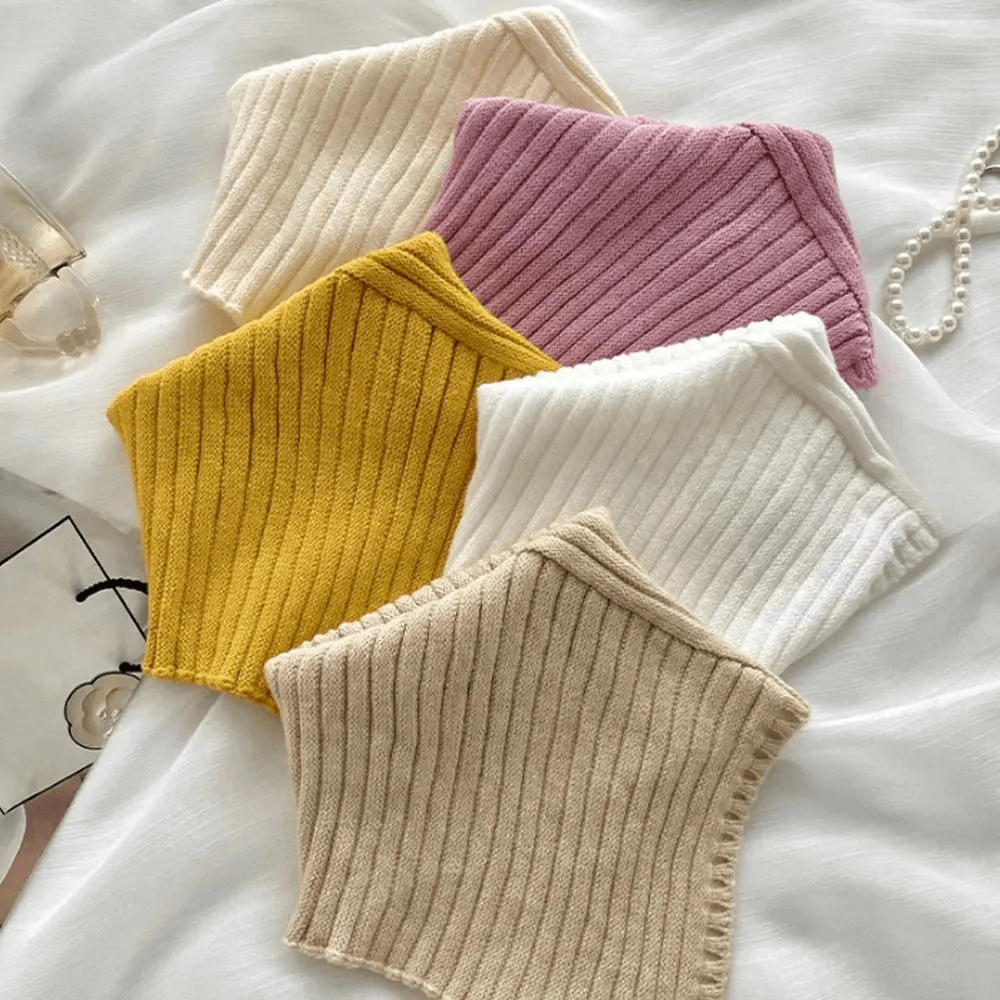 Colorful Women's Cotton Knit Snood Scarves in Chunky Knit for Winter Warmth, Featuring Beige, Pink, Yellow, White, and Cream Options.