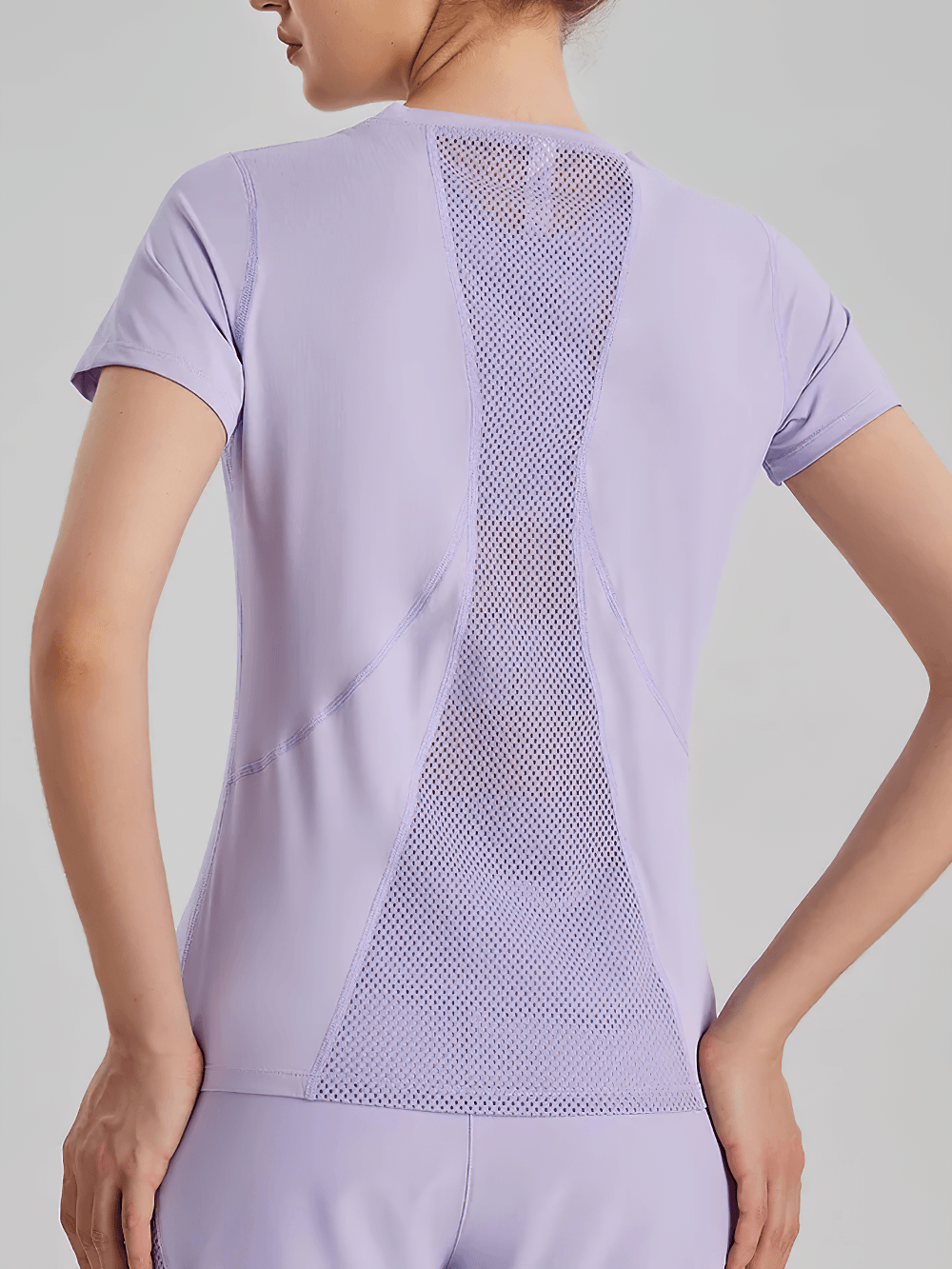 Alt Tag: Women's Crew Neck Mesh Panel Training T-Shirt - SF4456 back view lavender quick-drying short sleeve with breathable mesh panel