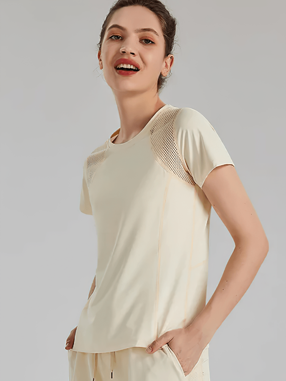 Alt Tag: Women's Crew Neck Mesh Panel Training T-Shirt - SF4456 quick-drying short sleeve workout top with shoulder mesh panels