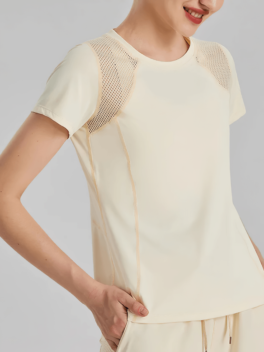 Alt Tag: Women's Crew Neck Mesh Panel Training T-Shirt - SF4456 quick-drying short sleeve workout tee with shoulder mesh panels, cream
