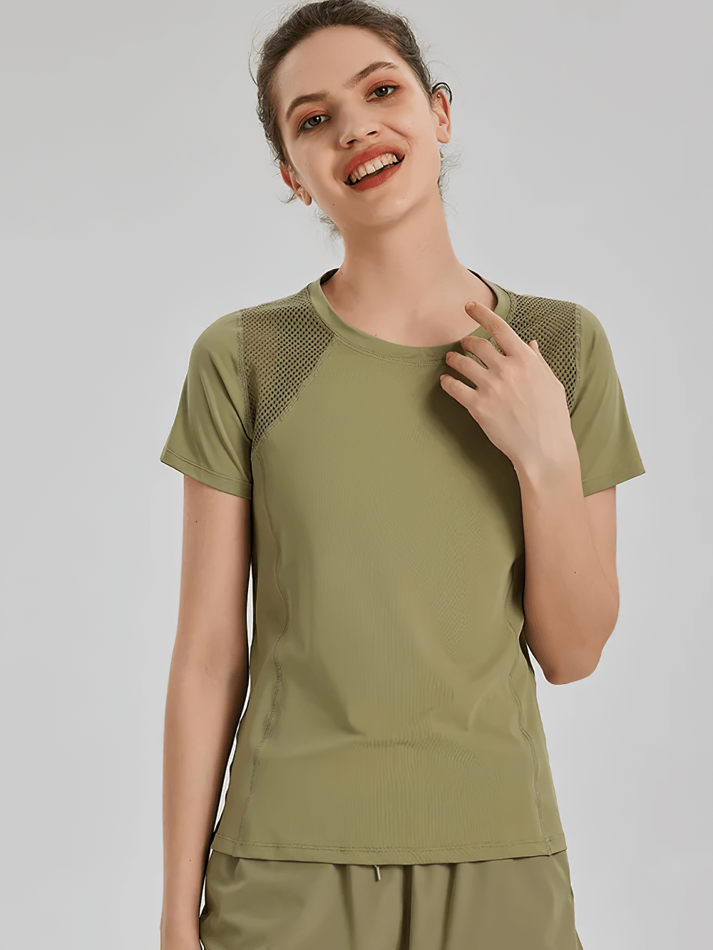 Alt Tag: Women's Crew Neck Mesh Panel Training T-Shirt - SF4456 olive quick-dry short sleeve crew neck with mesh shoulder panels