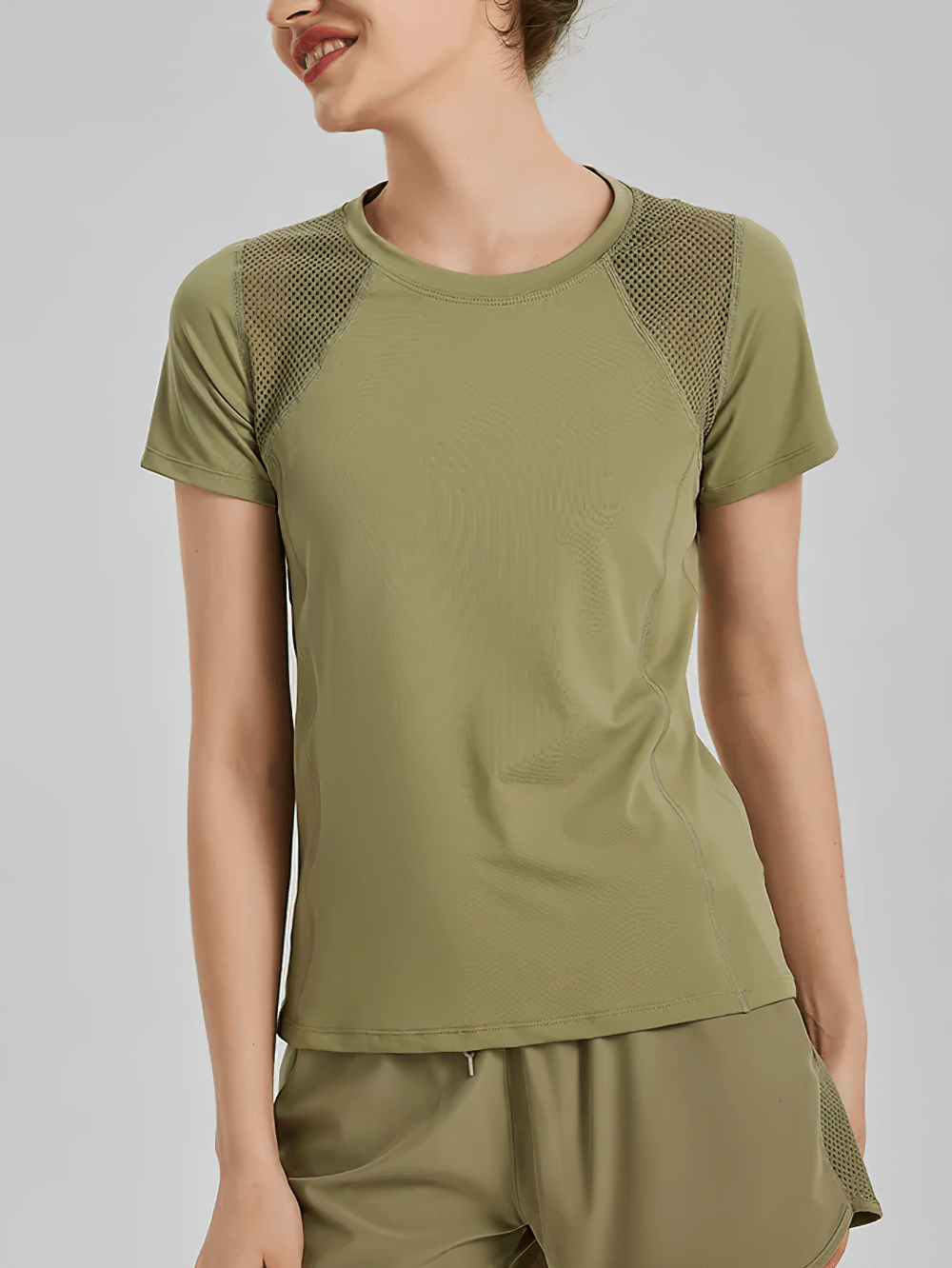 Alt Tag: Women's Crew Neck Mesh Panel Training T-Shirt - SF4456 quick-drying short sleeve crew neck top with shoulder mesh panels