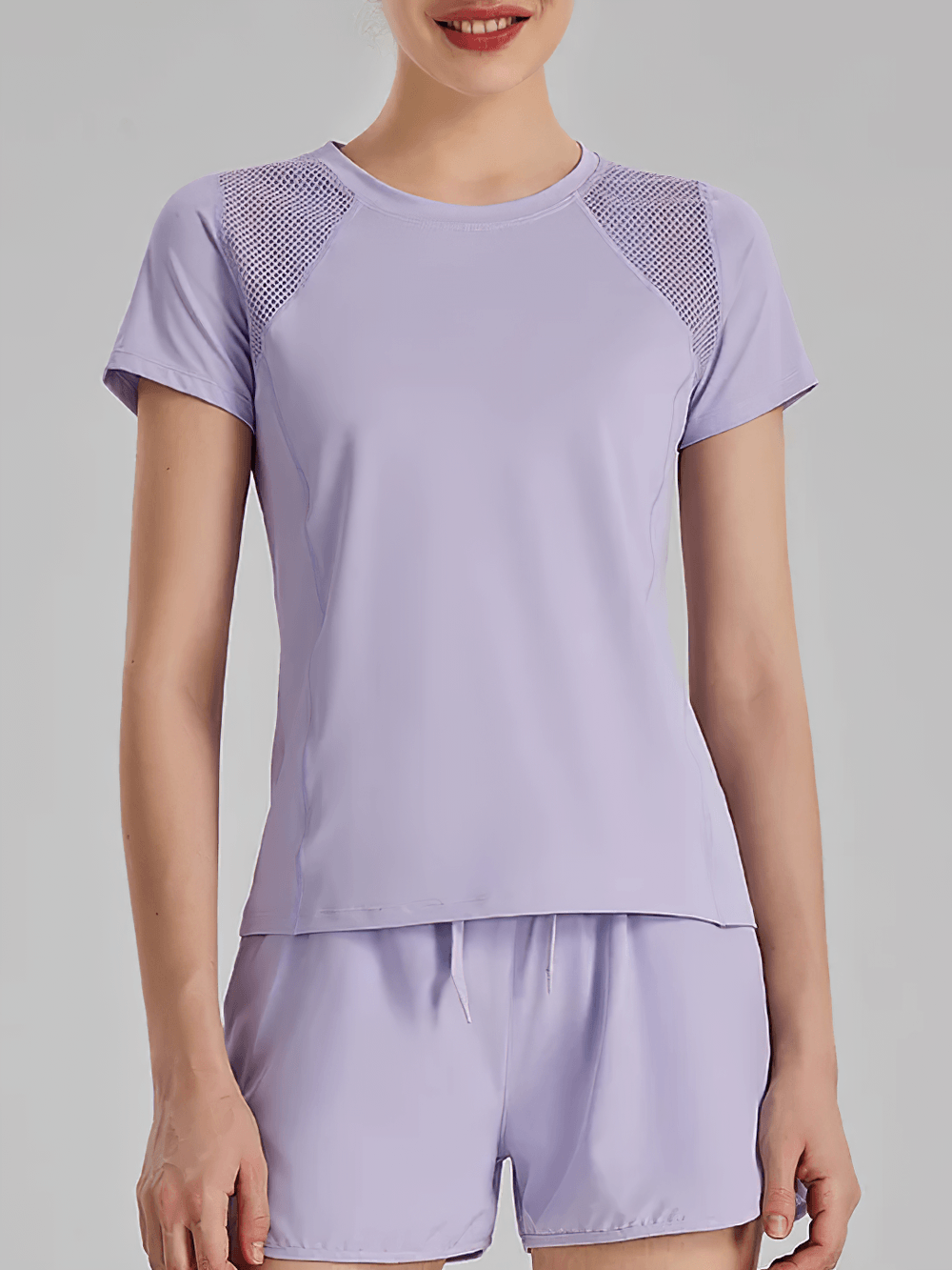 Alt Tag: Women's Crew Neck Mesh Panel Training T-Shirt - SF4456 lavender quick-dry short sleeve crew neck with shoulder mesh panels