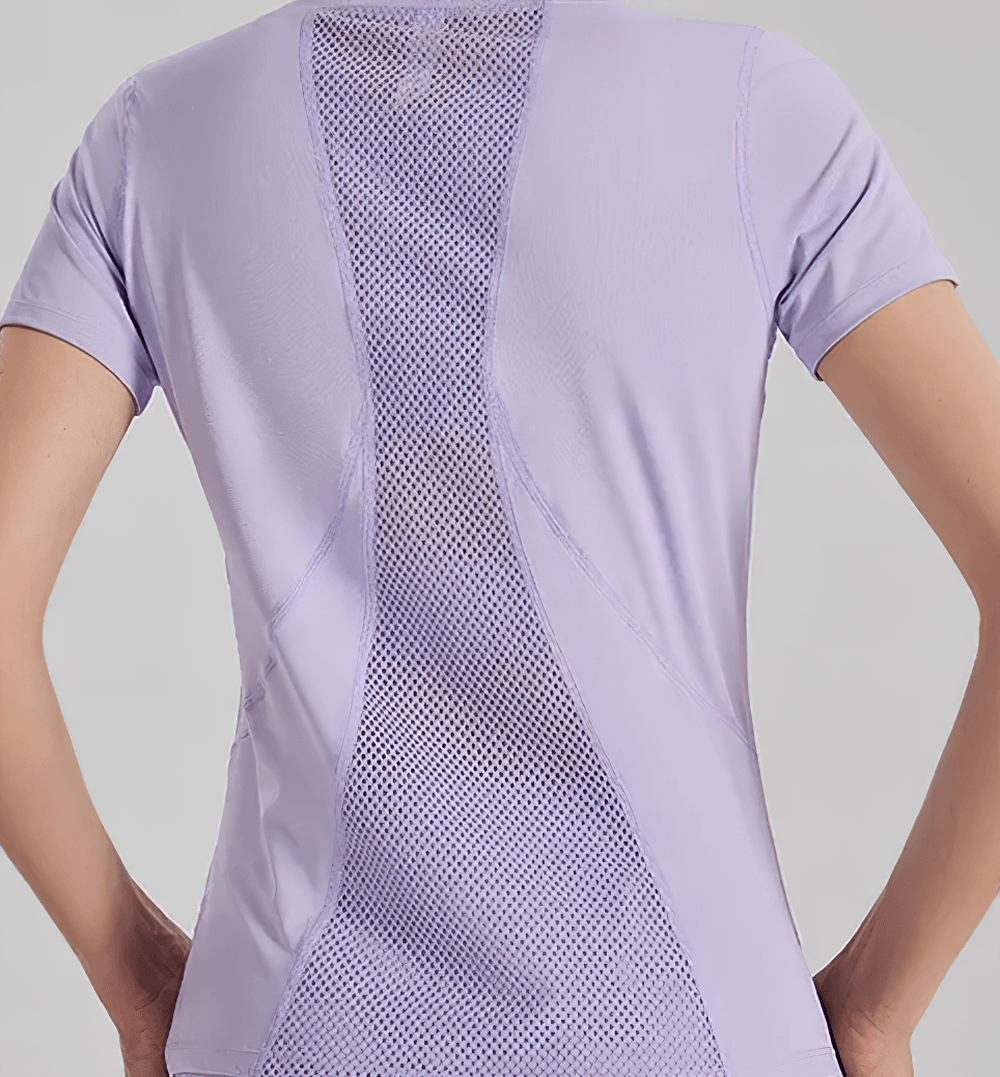 Alt Tag: Women's Crew Neck Mesh Panel Training T-Shirt - SF4456 quick-drying short sleeve workout top with breathable back mesh panels