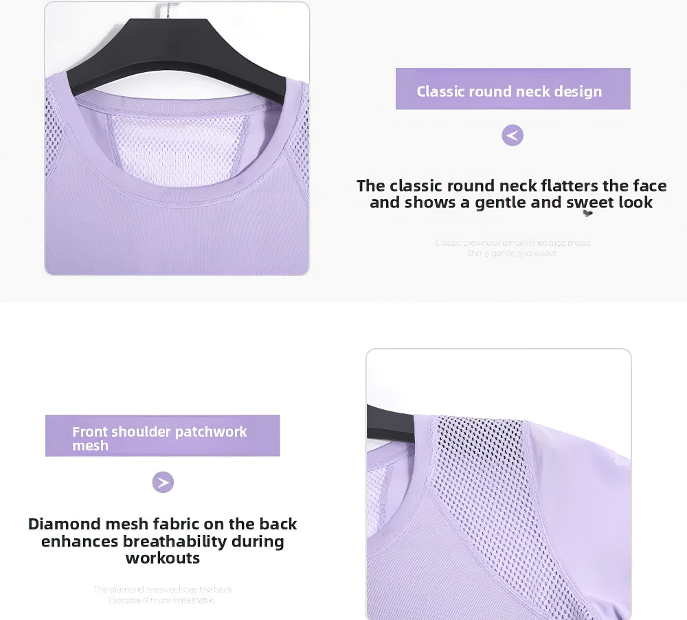 Women's Crew Neck Mesh Panel Training T-Shirt - SF4456 lavender crew neck with shoulder/back mesh panels for breathable quick-dry workouts