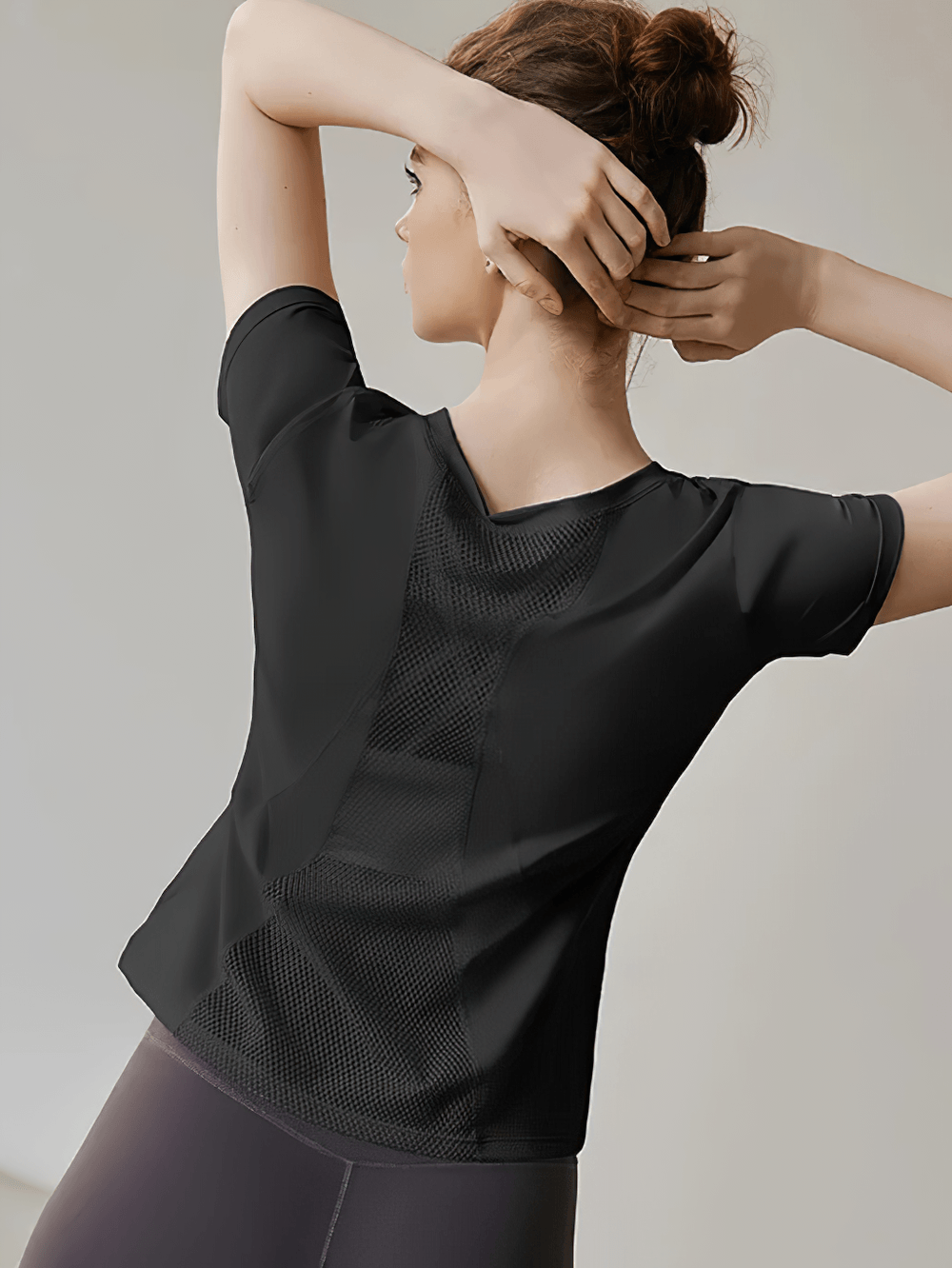 Alt Tag: Women's Crew Neck Mesh Panel Training T-Shirt - SF4456 quick-dry short sleeve workout top with breathable back mesh panels