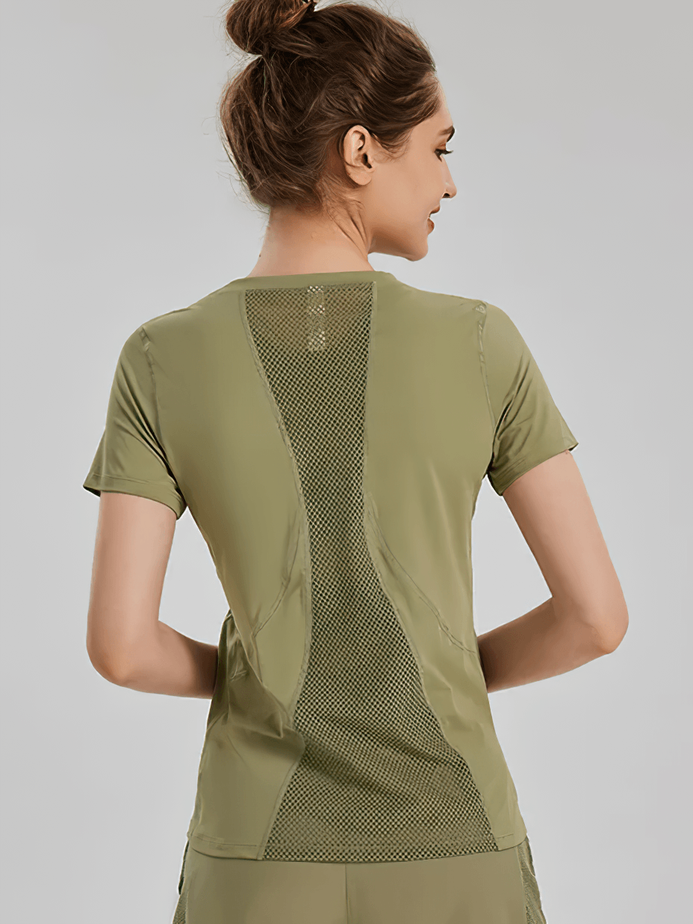 Alt Tag: Women's Crew Neck Mesh Panel Training T-Shirt - SF4456 back view, olive quick-dry short sleeve with breathable mesh panel