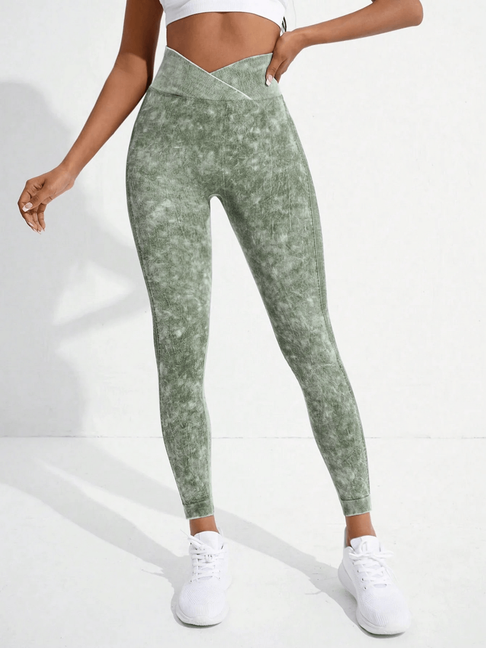 Women's Crossover Waist Butt Lifting Leggings - SF4110 in green, showcasing a stylish crossover waist design perfect for fitness and yoga.