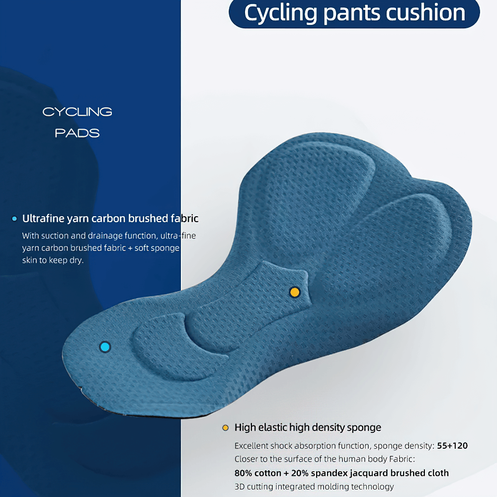 Cycling pants cushion with ultrafine yarn fabric and high-elastic sponge, showcasing excellent shock absorption and comfort for riders.