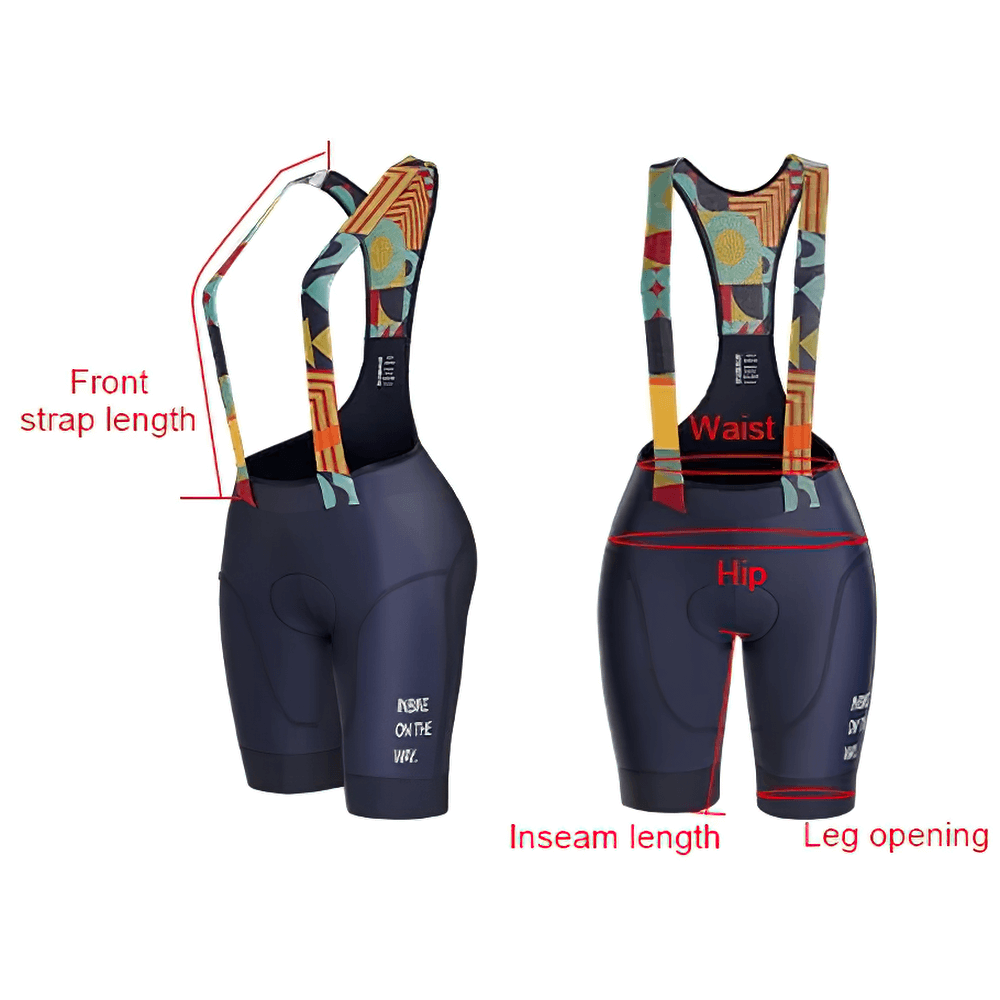 Women's Cycling Bib Shorts with Colorful Straps SF2575 showcasing fit and detailed features like inseam length and leg opening.