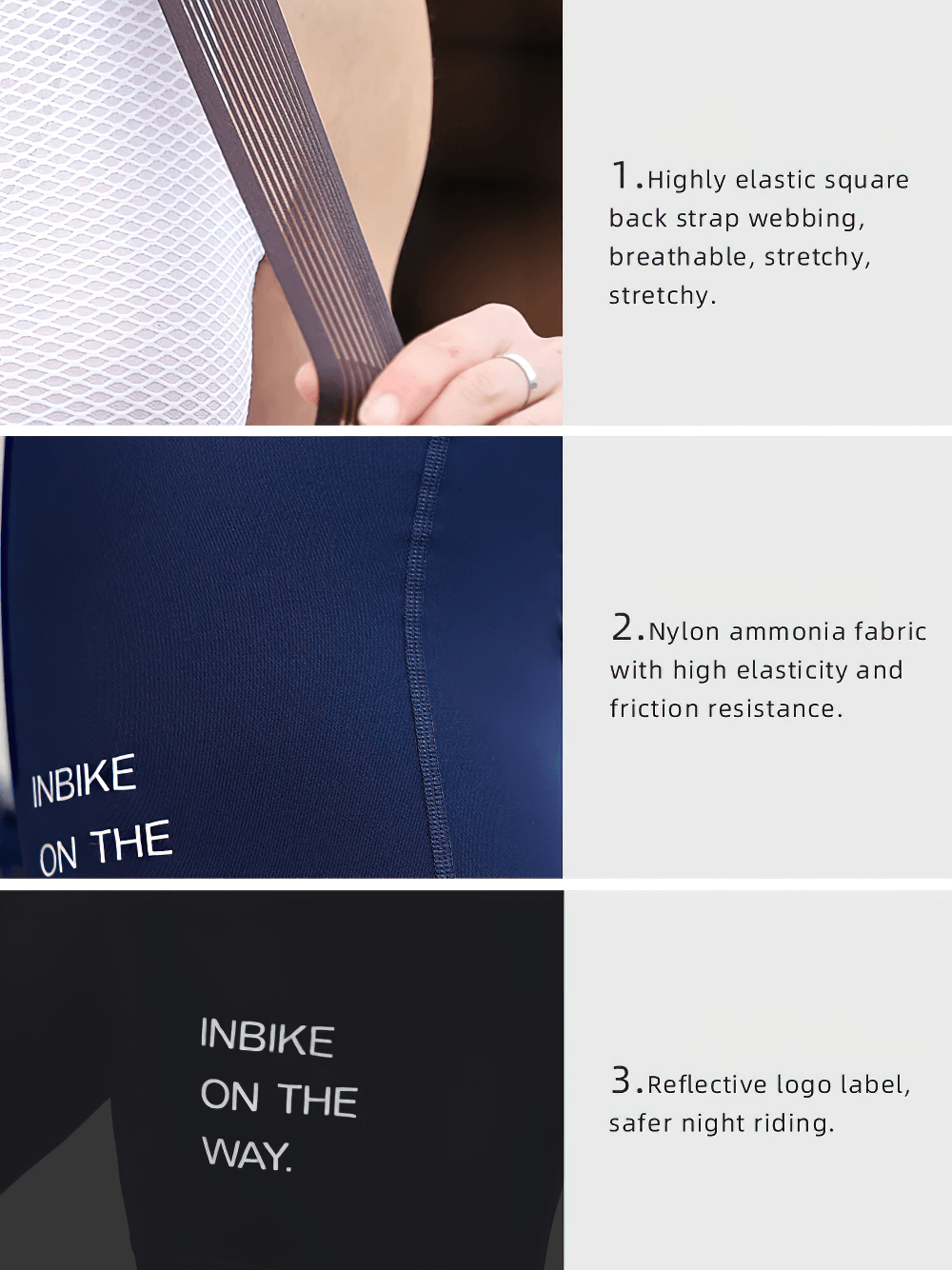 Close-up of breathable cycling bib shorts with colorful straps, elastic webbing, durable fabric, and reflective logo for night safety.