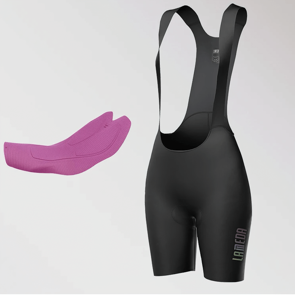 Women's cycling bib shorts with padded insert, black design, ideal for road biking. Features breathable fabric and durable construction.